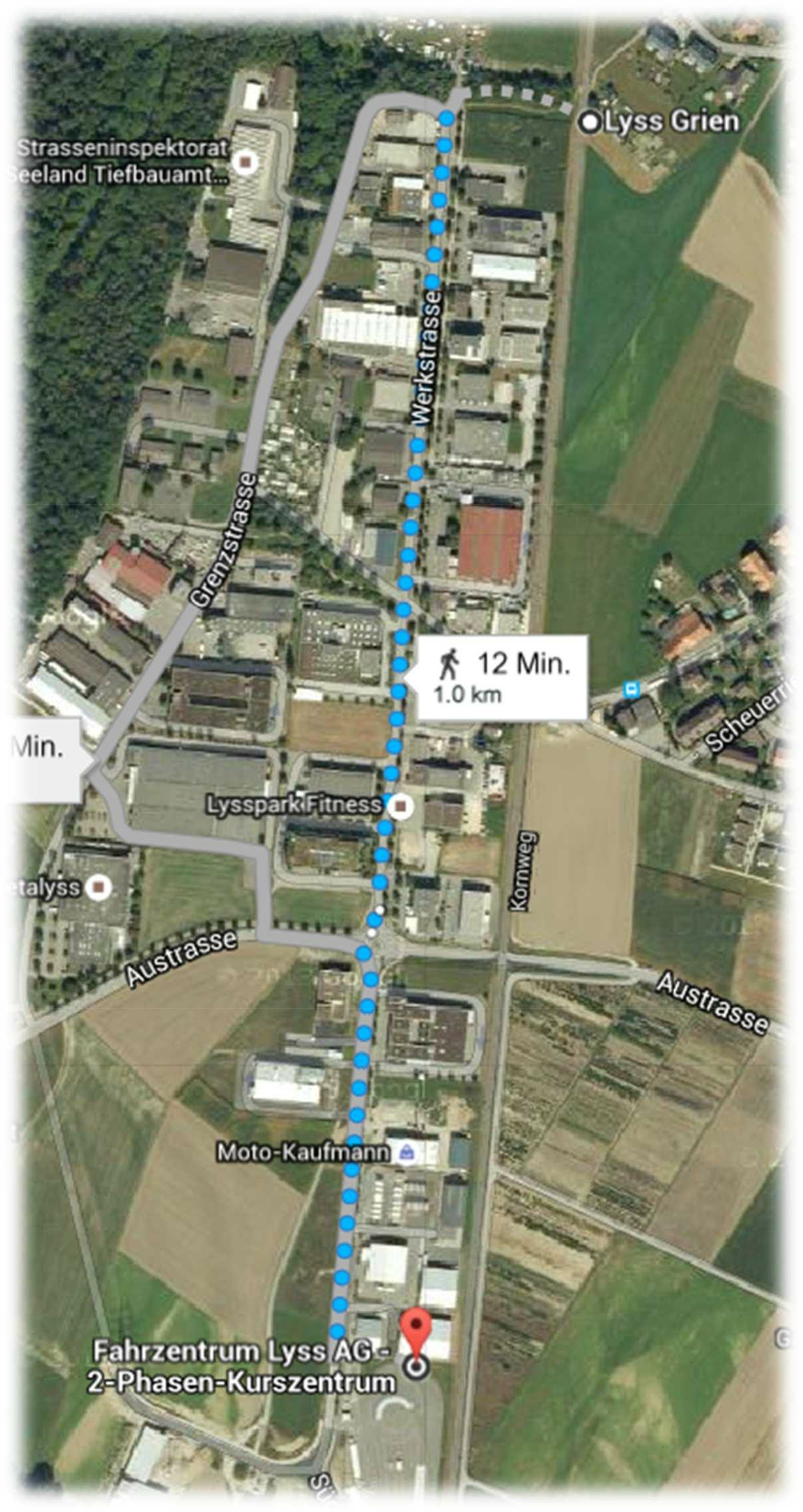Anfahrt mit der Bahn ab Bahnhof Lyss zum Fahrzentrum Lyss